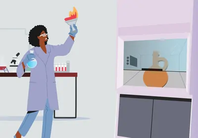 A female scientist holds up a burning funnel. A female scientist holds up a burning funnel.